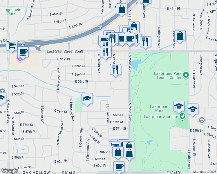 map of restaurants, bars, coffee shops, grocery stores, and more near 4704 East 54th Street in Tulsa