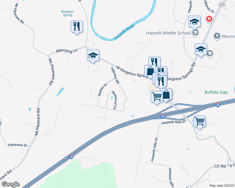 map of restaurants, bars, coffee shops, grocery stores, and more near 224 Redwood Circle in Kingston Springs