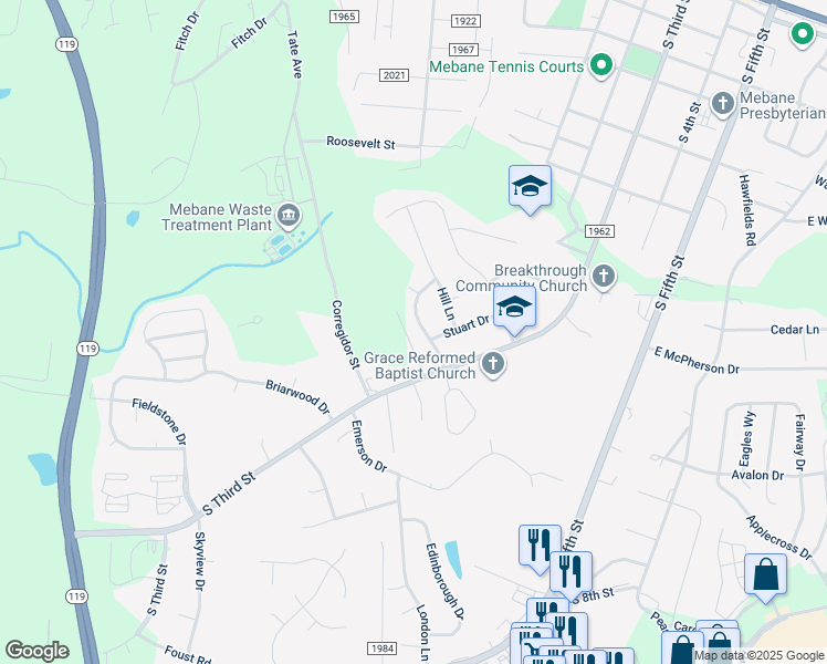 map of restaurants, bars, coffee shops, grocery stores, and more near 303 Pickett Lane in Mebane