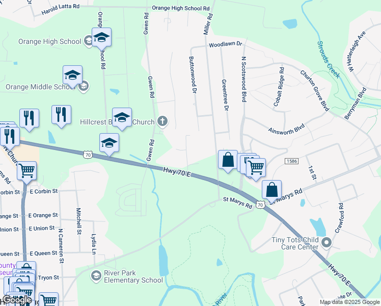 map of restaurants, bars, coffee shops, grocery stores, and more near 203 Latta Road in Hillsborough