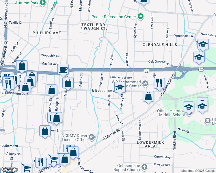 map of restaurants, bars, coffee shops, grocery stores, and more near 600 Holt Avenue in Greensboro