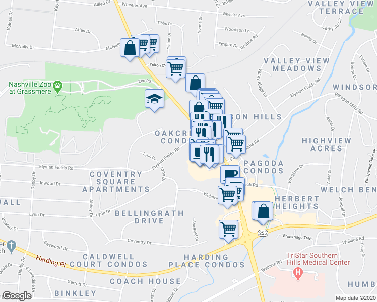 map of restaurants, bars, coffee shops, grocery stores, and more near 411 Elysian Fields Road in Nashville