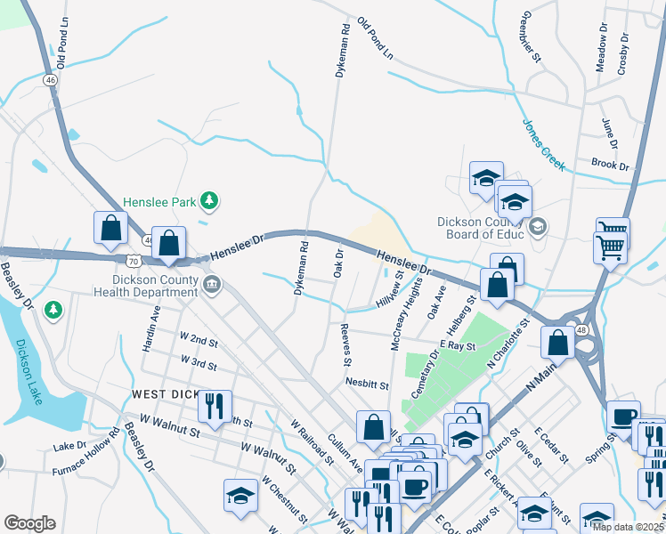 map of restaurants, bars, coffee shops, grocery stores, and more near 204 Oak Drive in Dickson