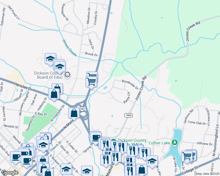map of restaurants, bars, coffee shops, grocery stores, and more near 113 A G Myatt Drive in Dickson