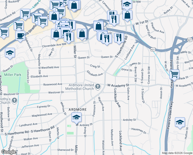 map of restaurants, bars, coffee shops, grocery stores, and more near 2026 Elizabeth Avenue in Winston-Salem