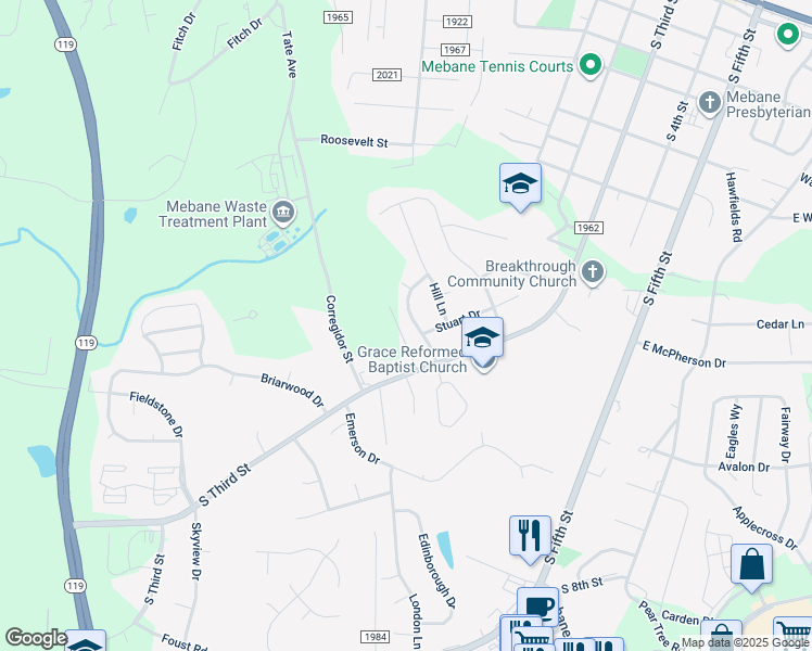 map of restaurants, bars, coffee shops, grocery stores, and more near 303 Pickett Lane in Mebane