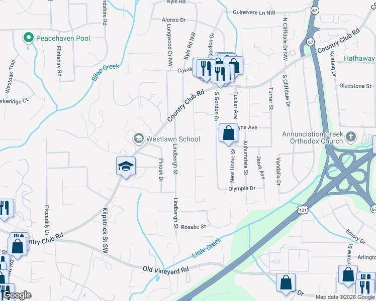 map of restaurants, bars, coffee shops, grocery stores, and more near 202 Hedgecock Avenue in Winston-Salem