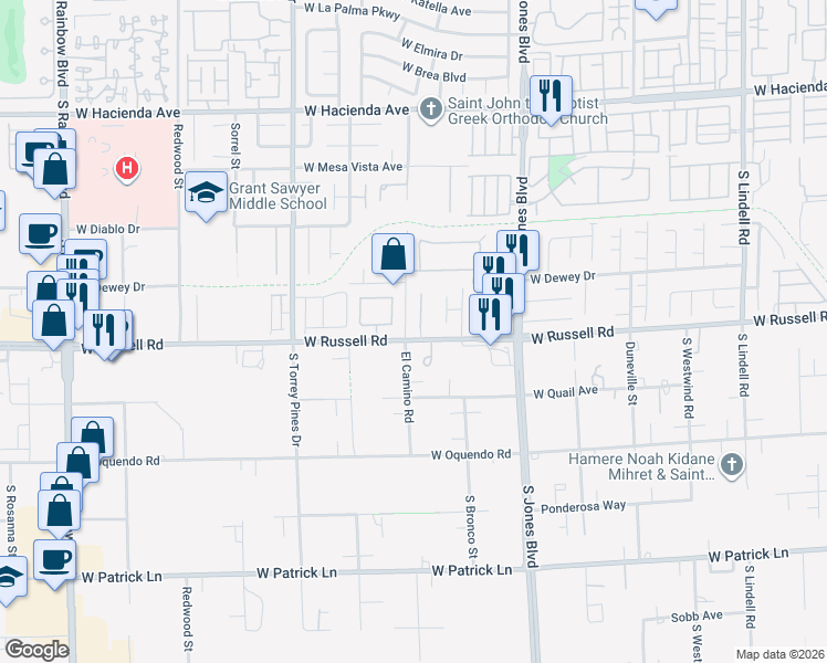 map of restaurants, bars, coffee shops, grocery stores, and more near 5691 Deer Creek Falls Court in Las Vegas