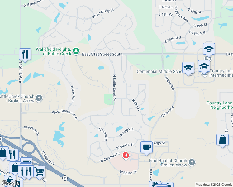 map of restaurants, bars, coffee shops, grocery stores, and more near 3209 North Battle Creek Drive in Broken Arrow