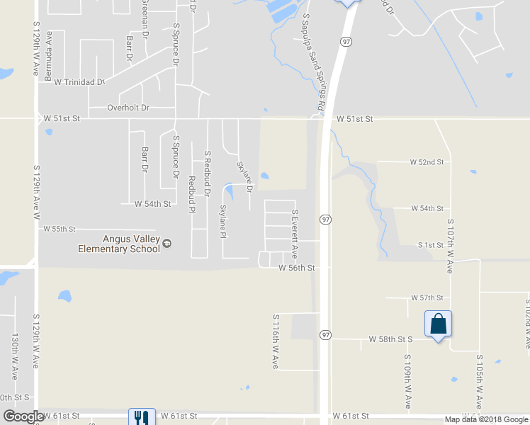 map of restaurants, bars, coffee shops, grocery stores, and more near 208 West 54th Street in Sand Springs