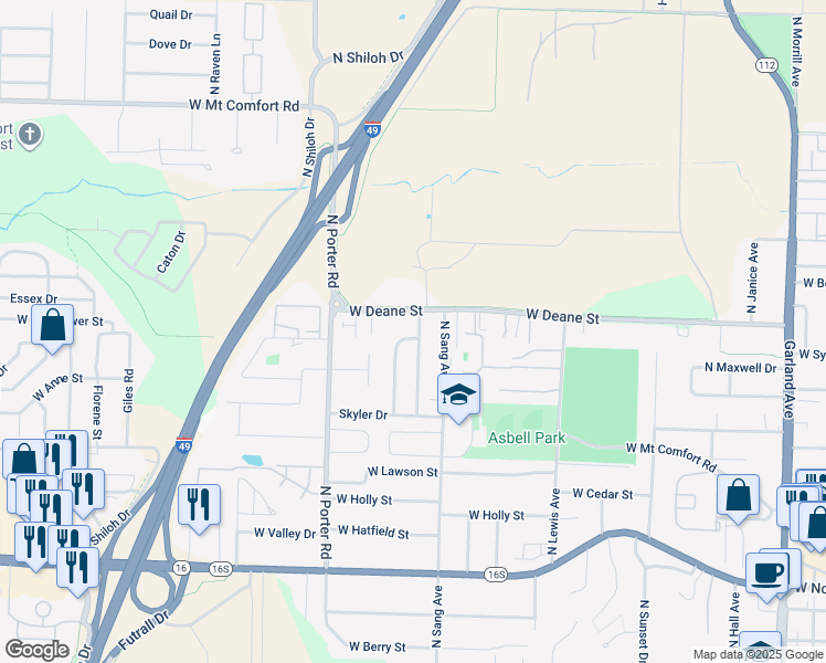 map of restaurants, bars, coffee shops, grocery stores, and more near 1731 Willowbrook Drive in Fayetteville