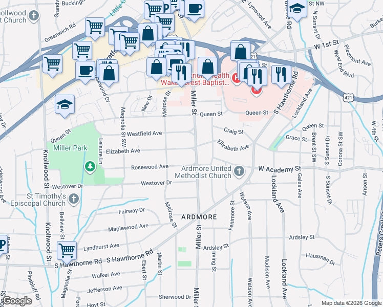 map of restaurants, bars, coffee shops, grocery stores, and more near 2200 Elizabeth Avenue in Winston-Salem