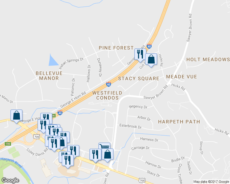 map of restaurants, bars, coffee shops, grocery stores, and more near 131 Westfield Drive in Nashville