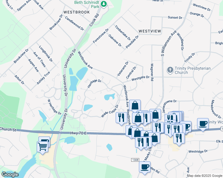 map of restaurants, bars, coffee shops, grocery stores, and more near 1061 Wycliff Court in Burlington