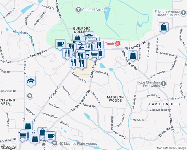 map of restaurants, bars, coffee shops, grocery stores, and more near 400 Dolley Madison Rd in Greensboro