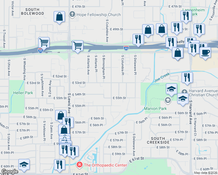 map of restaurants, bars, coffee shops, grocery stores, and more near 5316 South Columbia Avenue in Tulsa