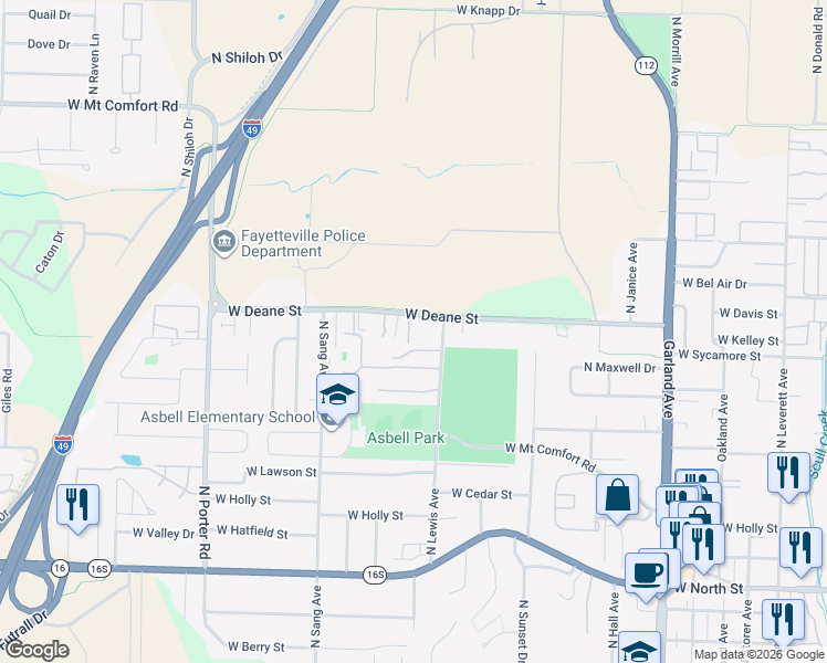 map of restaurants, bars, coffee shops, grocery stores, and more near 1809 West Deane Street in Fayetteville