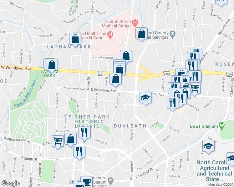 map of restaurants, bars, coffee shops, grocery stores, and more near 857 North Church Street in Greensboro