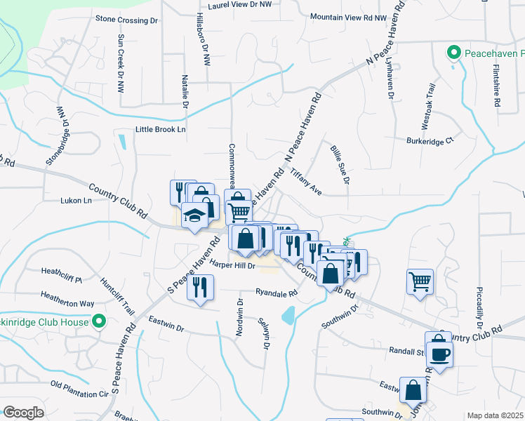 map of restaurants, bars, coffee shops, grocery stores, and more near 100 South Peace Haven Road in Winston-Salem