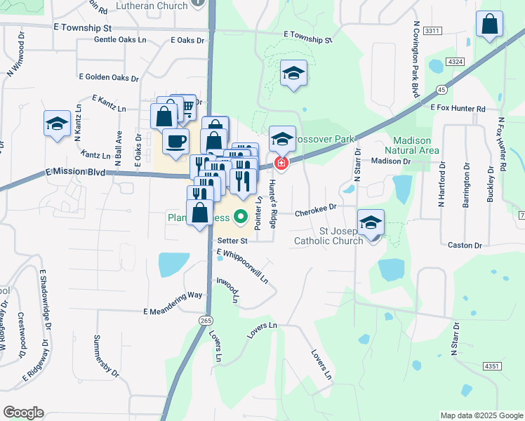 map of restaurants, bars, coffee shops, grocery stores, and more near 1805 Hunter's Ridge in Fayetteville
