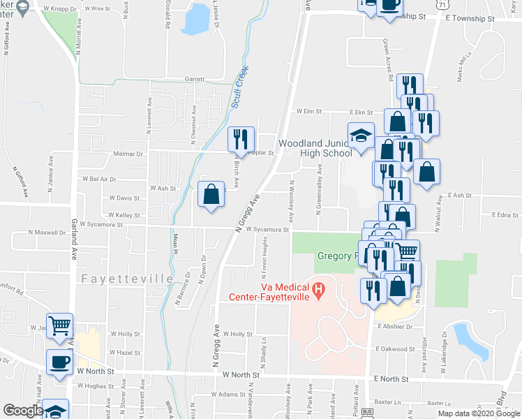 map of restaurants, bars, coffee shops, grocery stores, and more near 1740 North Gregg Avenue in Fayetteville