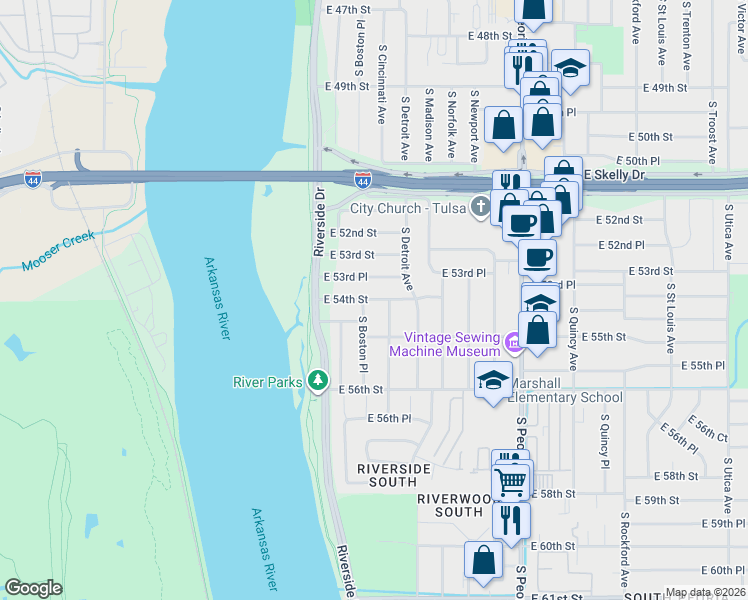 map of restaurants, bars, coffee shops, grocery stores, and more near 112 East 54th Street in Tulsa