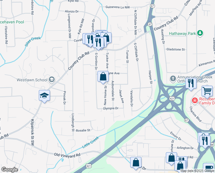 map of restaurants, bars, coffee shops, grocery stores, and more near 303 New Home Street in Winston-Salem
