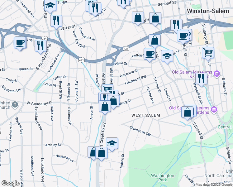 map of restaurants, bars, coffee shops, grocery stores, and more near 1107 Bank Street Southwest in Winston-Salem