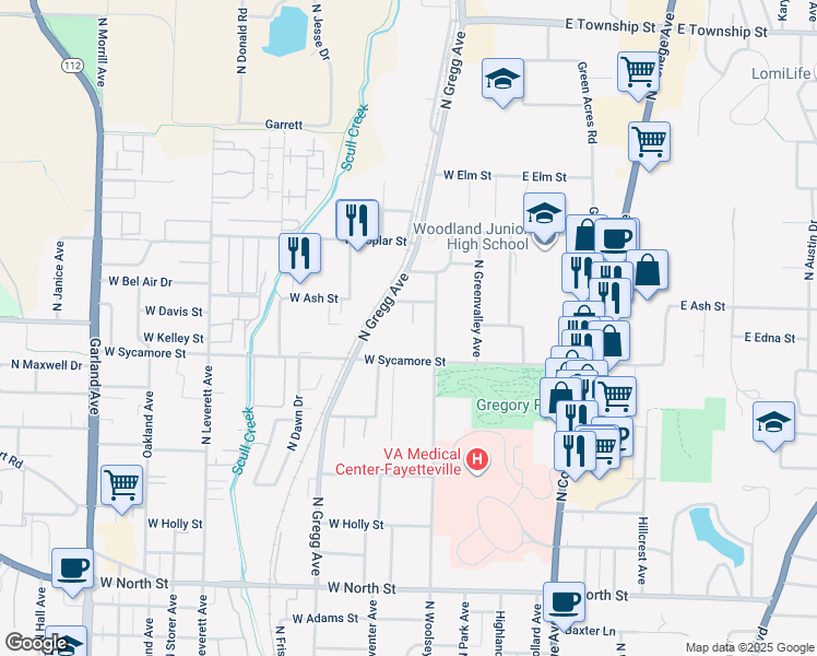 map of restaurants, bars, coffee shops, grocery stores, and more near 233 West Ash Street in Fayetteville
