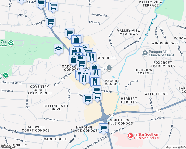 map of restaurants, bars, coffee shops, grocery stores, and more near 3920 Tennessee 11 in Nashville