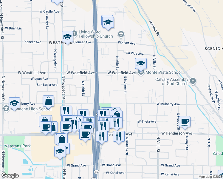 map of restaurants, bars, coffee shops, grocery stores, and more near 880 Gerry Lane in Porterville