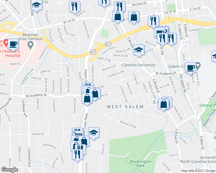 map of restaurants, bars, coffee shops, grocery stores, and more near 1052 Bank Street Southwest in Winston-Salem