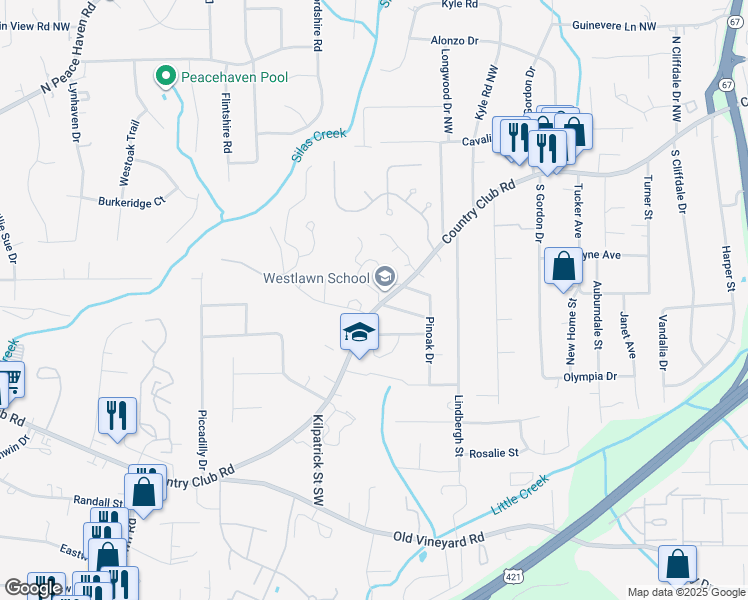 map of restaurants, bars, coffee shops, grocery stores, and more near 203 Forest View Drive in Winston-Salem