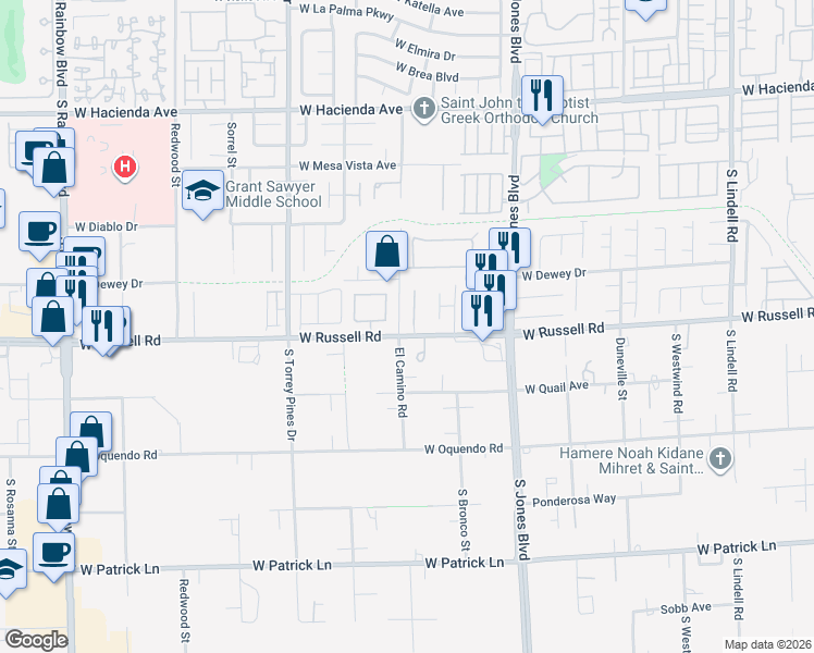 map of restaurants, bars, coffee shops, grocery stores, and more near 5691 Deer Creek Falls Court in Las Vegas