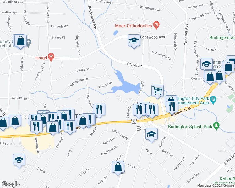 map of restaurants, bars, coffee shops, grocery stores, and more near 223 Shady Drive in Burlington