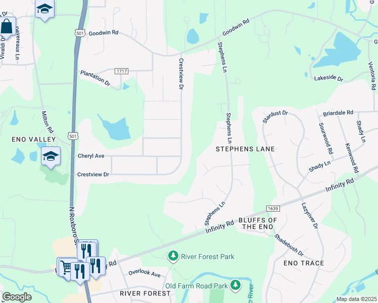 map of restaurants, bars, coffee shops, grocery stores, and more near 402 Crestview Drive in Durham