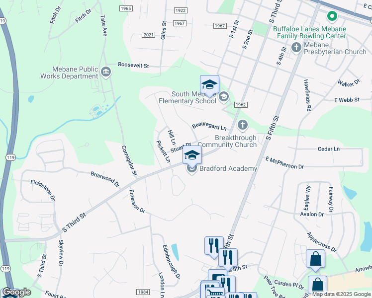 map of restaurants, bars, coffee shops, grocery stores, and more near 907 Stuart Drive in Mebane