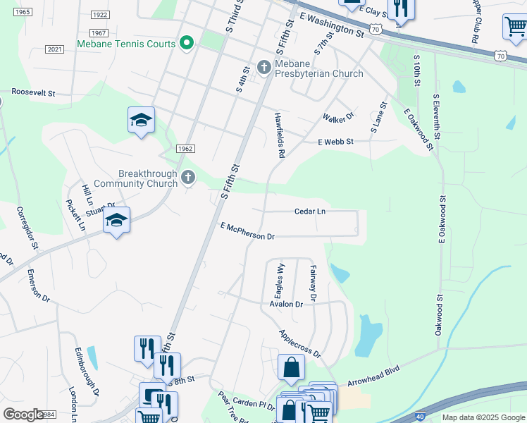 map of restaurants, bars, coffee shops, grocery stores, and more near 101 Heritage Drive in Mebane
