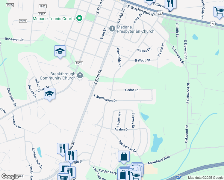 map of restaurants, bars, coffee shops, grocery stores, and more near 100 Heritage Drive in Mebane