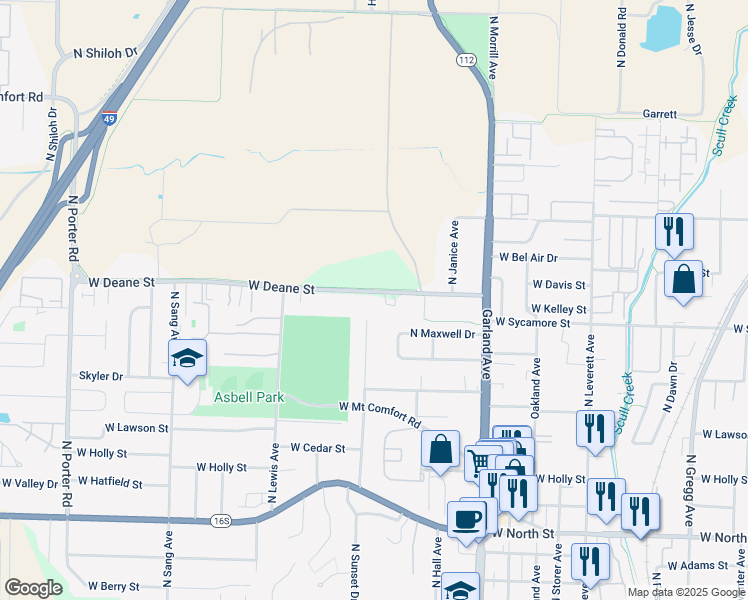 map of restaurants, bars, coffee shops, grocery stores, and more near 1421 West Deane Street in Fayetteville