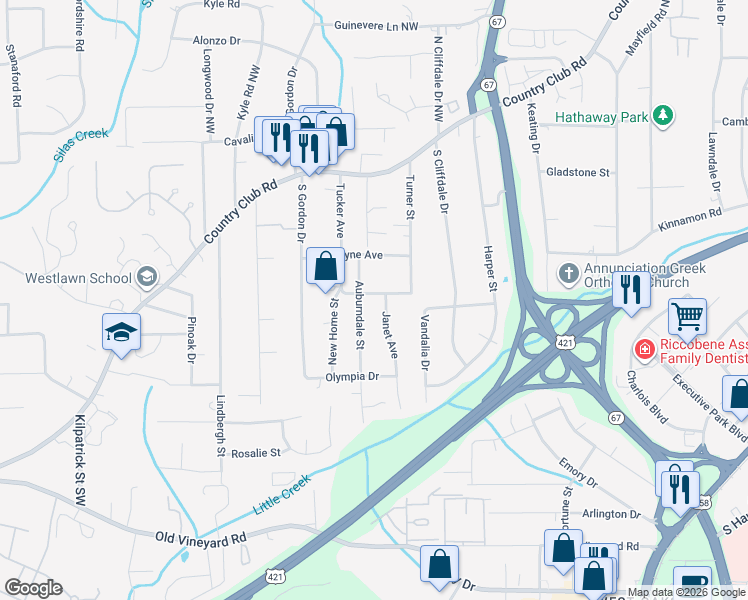 map of restaurants, bars, coffee shops, grocery stores, and more near 3818 Fritz Street Southwest in Winston-Salem