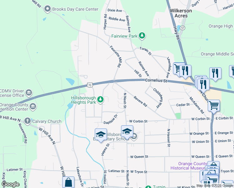 map of restaurants, bars, coffee shops, grocery stores, and more near 504 Short Street West in Hillsborough