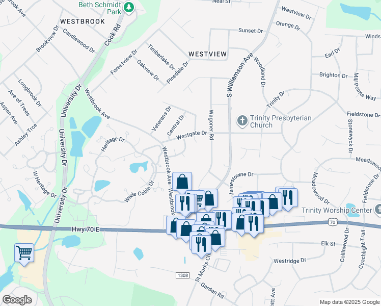 map of restaurants, bars, coffee shops, grocery stores, and more near 807 Westwood Court in Elon