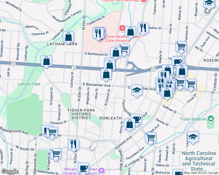 map of restaurants, bars, coffee shops, grocery stores, and more near 857 North Church Street in Greensboro