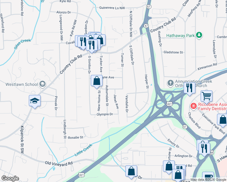 map of restaurants, bars, coffee shops, grocery stores, and more near 3818 Fritz Street Southwest in Winston-Salem