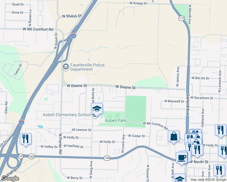 map of restaurants, bars, coffee shops, grocery stores, and more near 1851 West Deane Street in Fayetteville