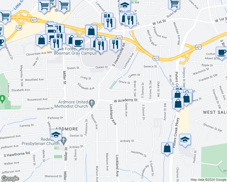 map of restaurants, bars, coffee shops, grocery stores, and more near 1842 Elizabeth Avenue in Winston-Salem