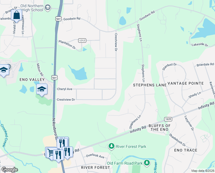map of restaurants, bars, coffee shops, grocery stores, and more near 321 Cheryl Avenue in Durham