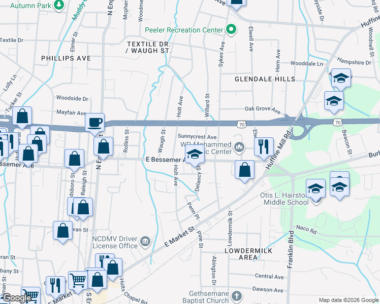map of restaurants, bars, coffee shops, grocery stores, and more near 601 Joseph Terrace in Greensboro