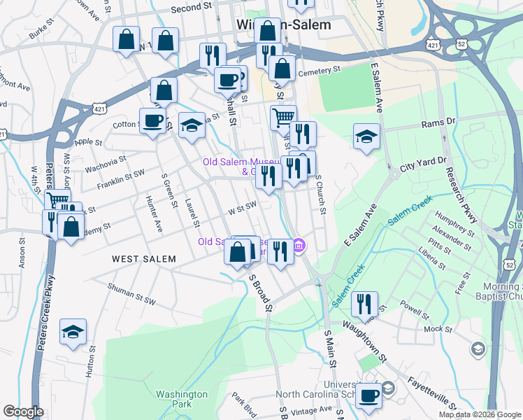 map of restaurants, bars, coffee shops, grocery stores, and more near 412 West Street in Winston-Salem